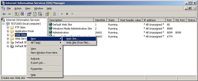 New Web Site Menu in Windows Server 2003